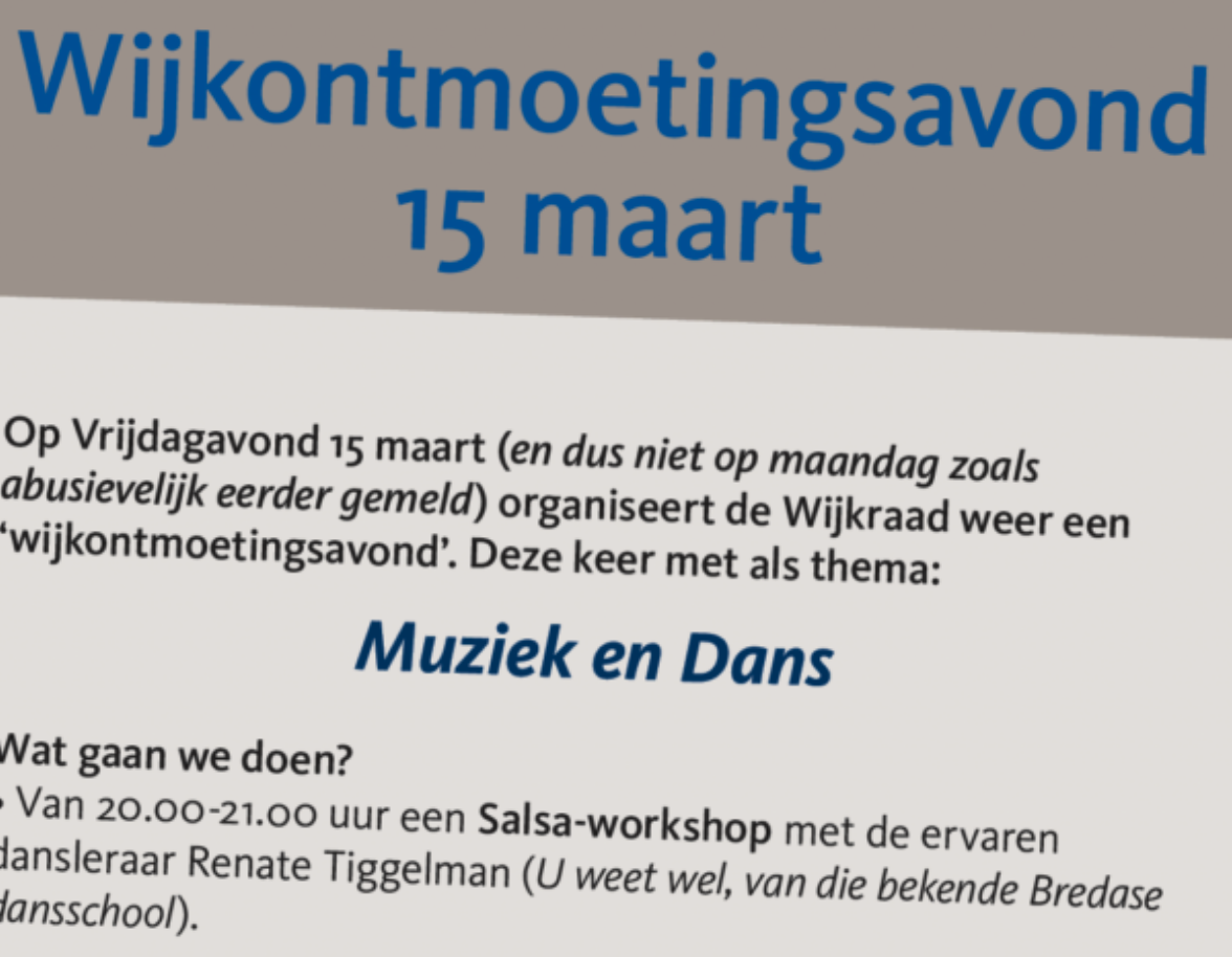 Featured image for “Wijkontmoetingsavond 15 maart – Muziek en Dans”